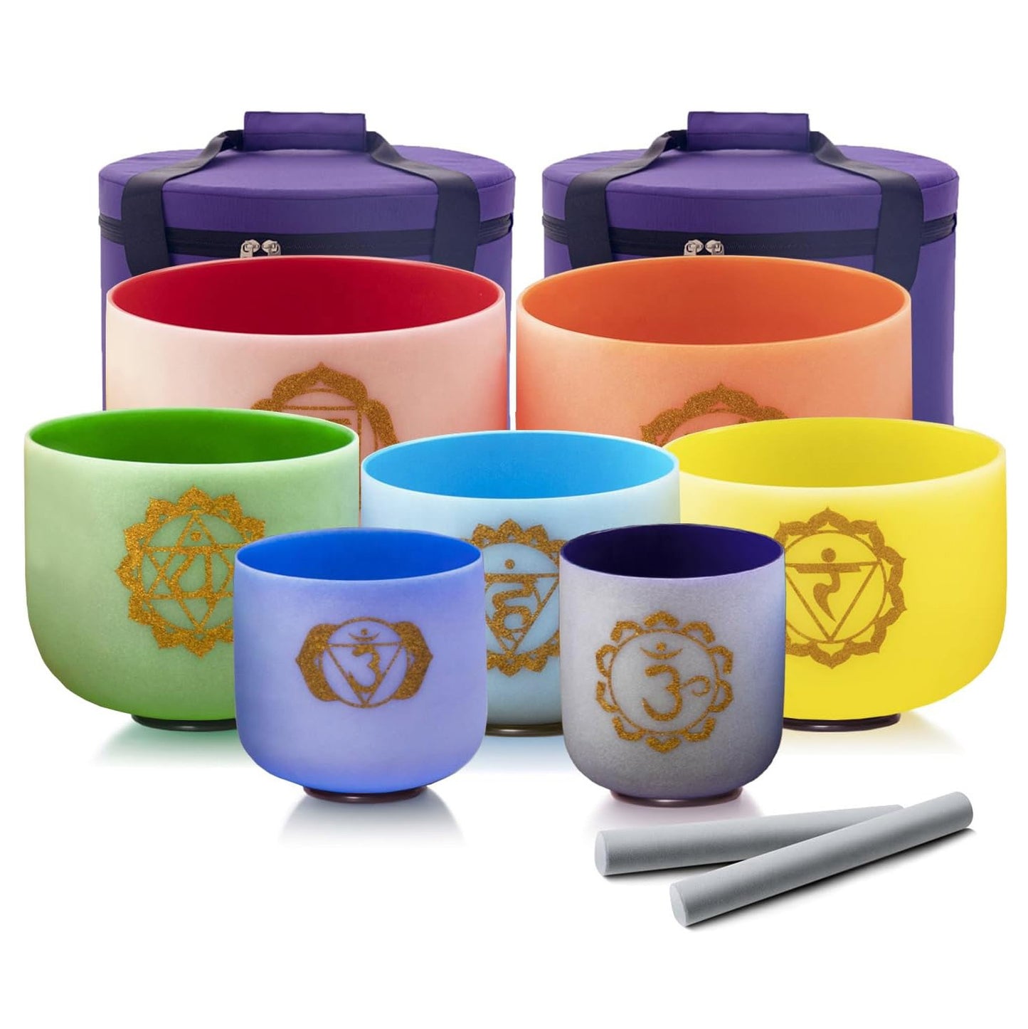 Set of 7 Frosted Quartz Crystal Singing Bowls - 432Hz Sound Healing Kit
