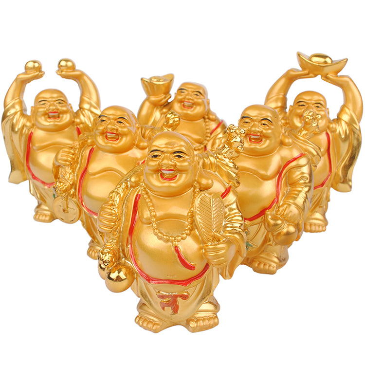 Set of 6 Mini Laughing Buddha Statues - Gold Wealth & Happiness Icons